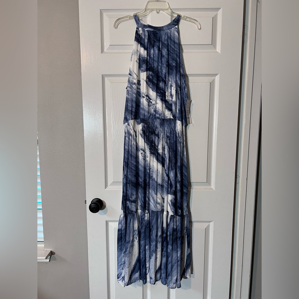 Chetta B Maxi Dress Halter Neck  Stretch Sz 20w Denim/White Tie Dye